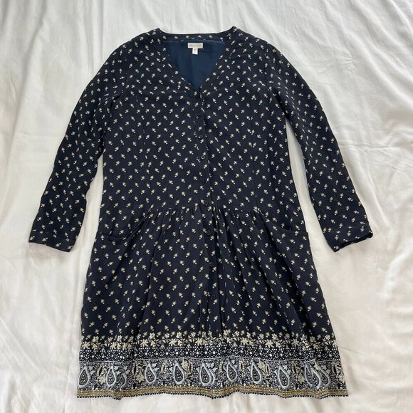 Garnet Hill Navy Blue Floral Paisley Boho Style Long Sleeve Dress | Size 8 - Picture 1 of 5